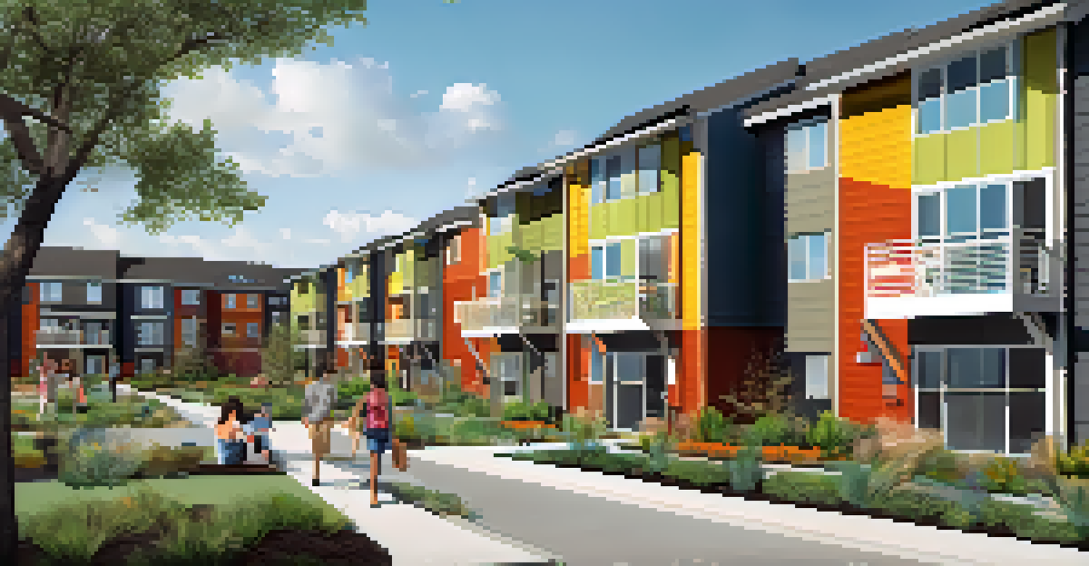 A modern affordable housing complex in Dallas with families interacting and vibrant landscaping.