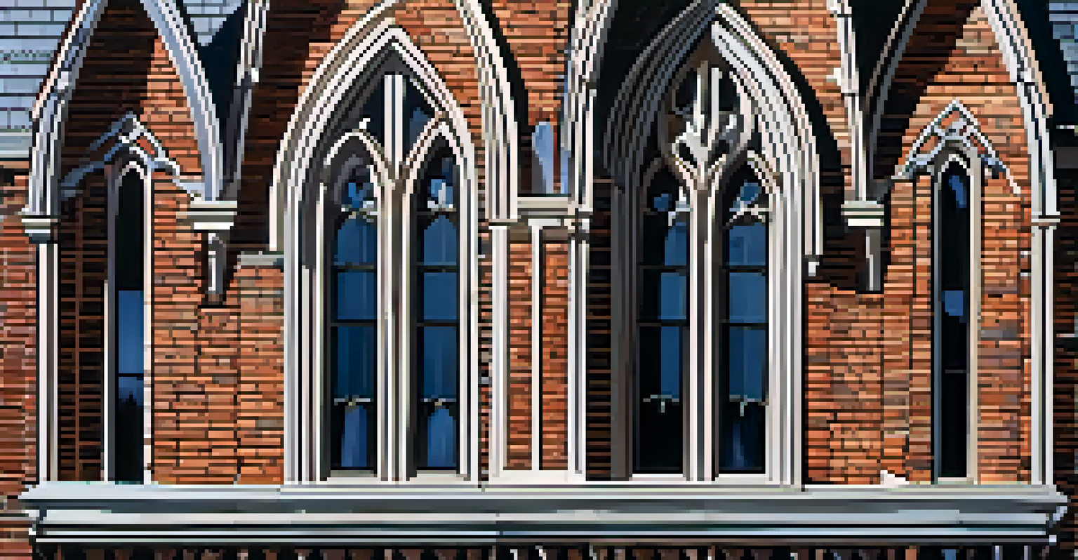Close-up of the intricate details of a Gothic Revival Victorian house, showcasing pointed arches and decorative shingles, illuminated by soft morning light.