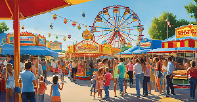 Families enjoying rides and food at the State Fair of Texas with a colorful Ferris wheel in the background.