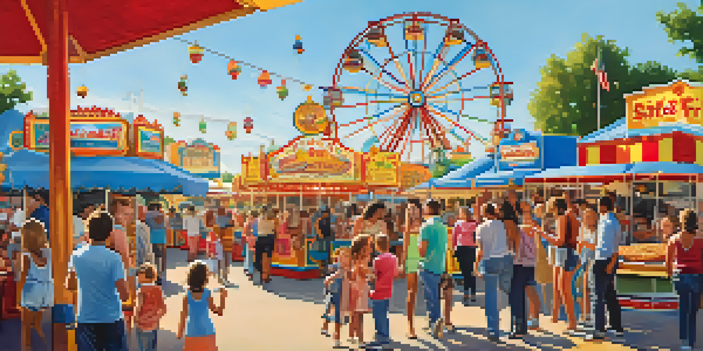 Families enjoying rides and food at the State Fair of Texas with a colorful Ferris wheel in the background.