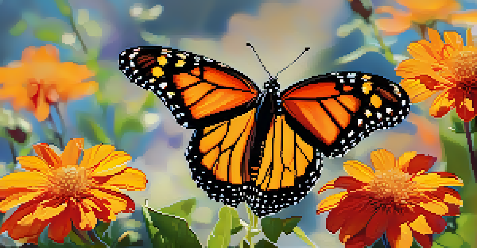 A close-up of a Monarch butterfly on a colorful flower with sunlight filtering through the leaves.