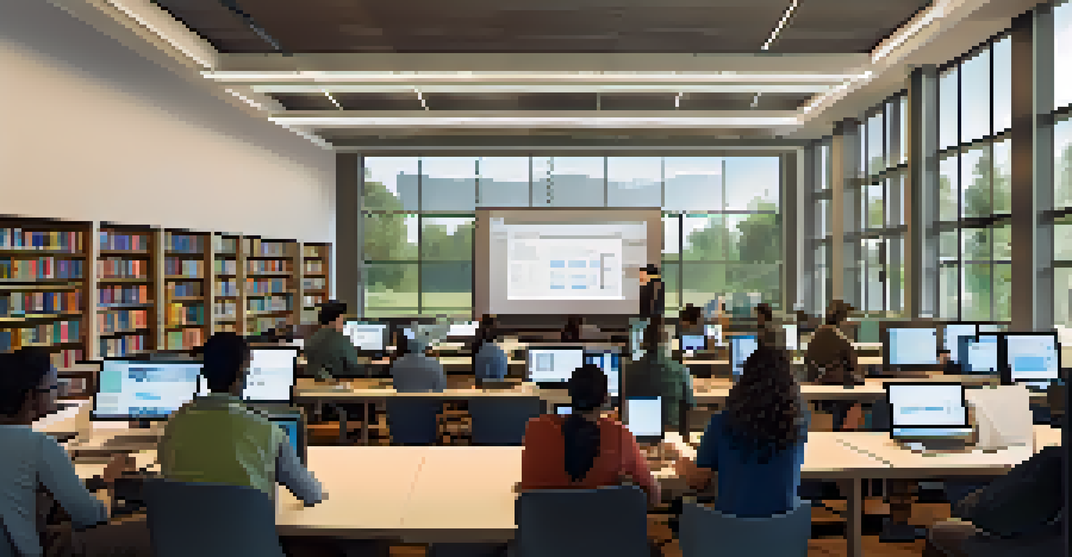 A tech class in a library, with participants learning on laptops while an instructor demonstrates coding techniques.