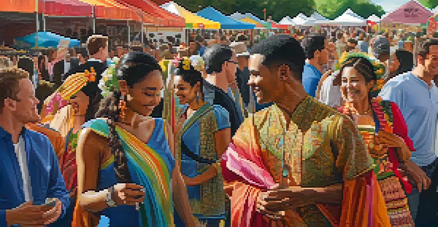 Multicultural festival in Dallas with people in traditional attire, colorful decorations, and lively atmosphere.