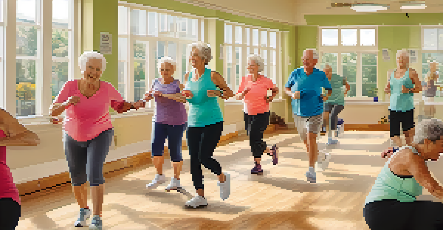 Seniors in a fitness class at a community center, surrounded by natural light and motivational decor, actively participating in health and wellness activities.