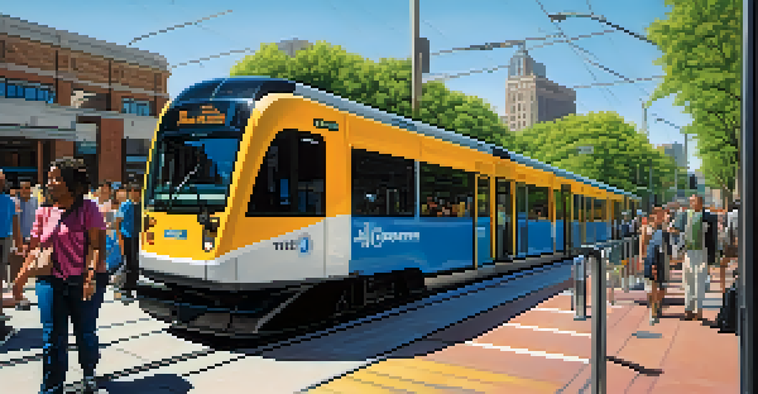 A busy Dallas light rail station with diverse passengers boarding a modern train, surrounded by greenery and city buildings.