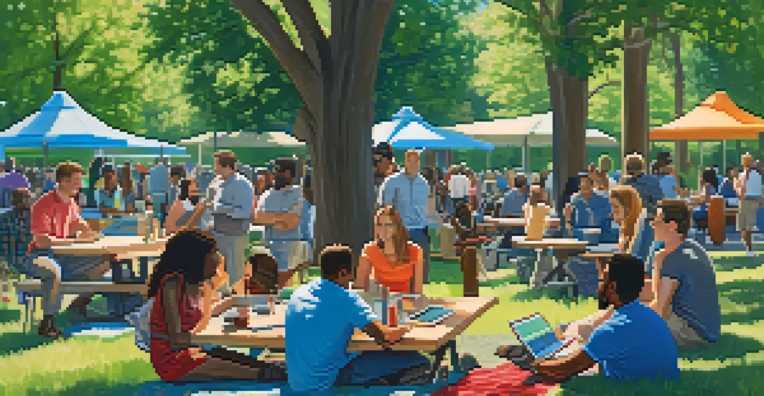A diverse group of entrepreneurs networking outdoors in a park, surrounded by greenery and a bright sky.