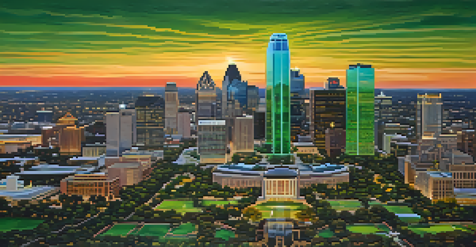 Aerial view of Dallas skyline at sunset showcasing iconic buildings and green parks.