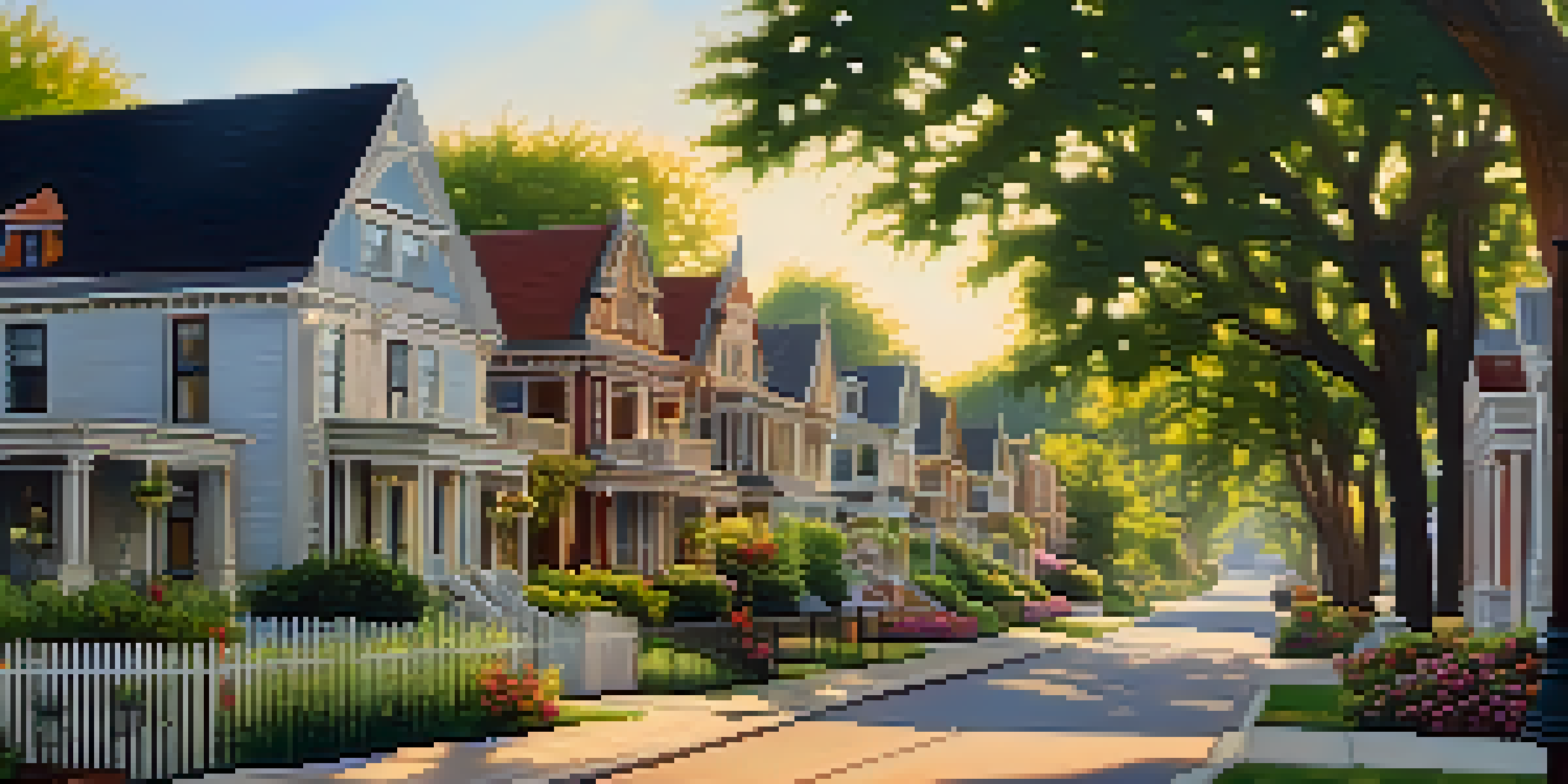 A charming street featuring Victorian homes with detailed architecture and colorful flower gardens, illuminated by golden hour sunlight.