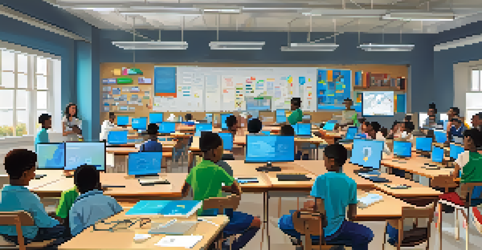 A lively classroom workshop where volunteers teach technology skills to eager young learners, with laptops and colorful materials around.