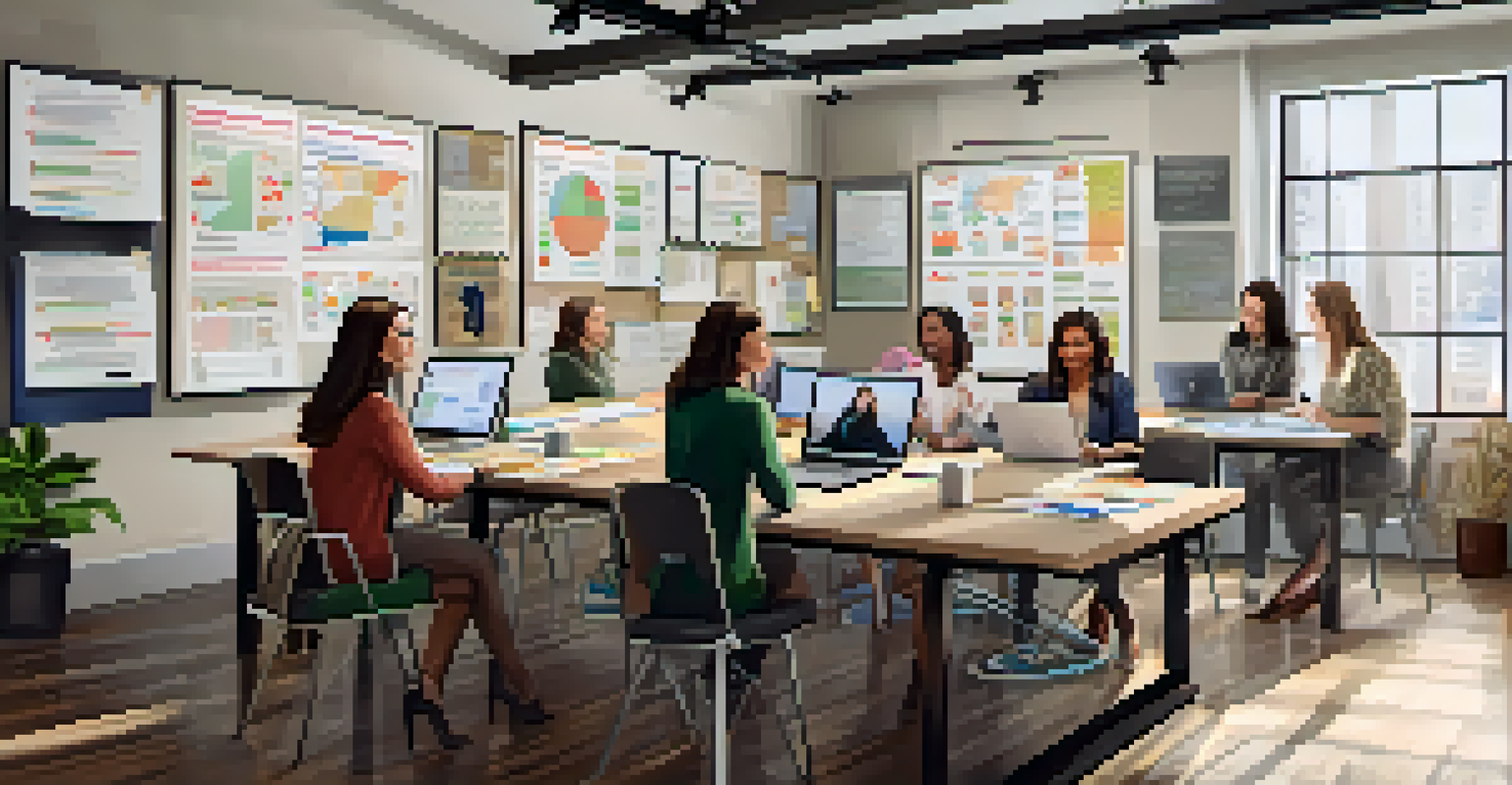 A bright workspace with women collaborating on philanthropy, surrounded by documents and inspirational quotes on the walls.