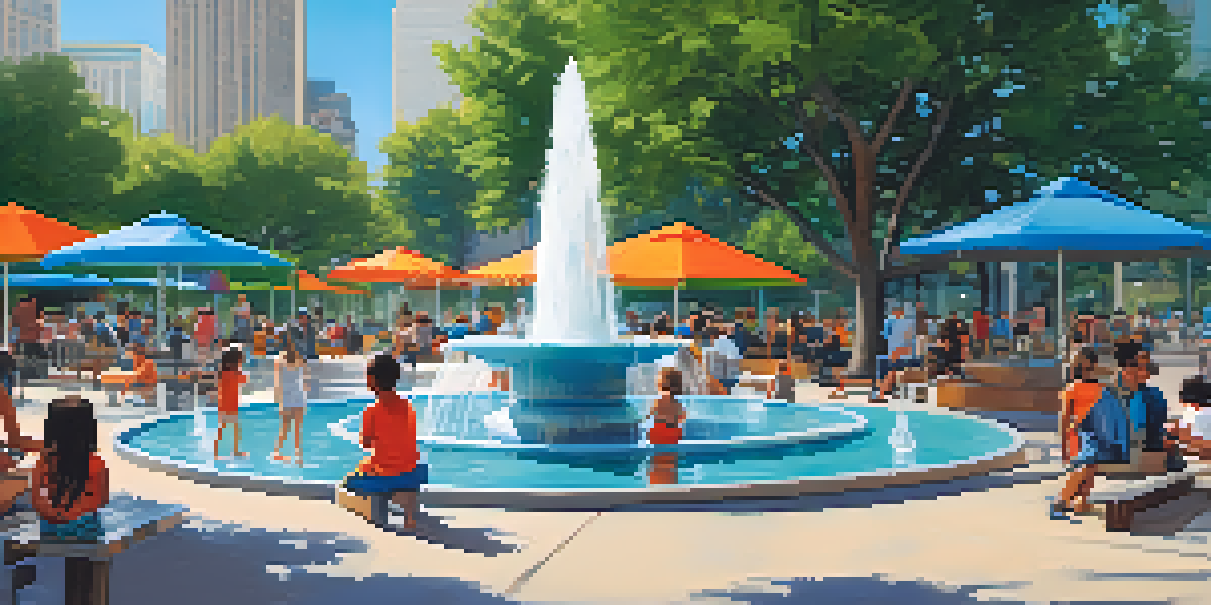 A lively park scene with children playing in a water fountain, adults relaxing on benches, and food trucks in the background under a clear blue sky.