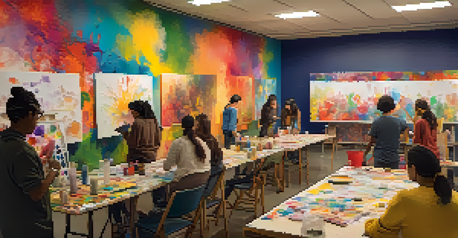 An art workshop where people from diverse backgrounds collaborate on a mural, surrounded by paint splatters and sketches in a cozy, warmly lit environment.