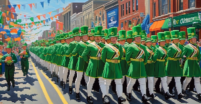 A lively St. Patrick's Day Parade in Dallas with colorful floats and people in Irish costumes, surrounded by excited spectators.