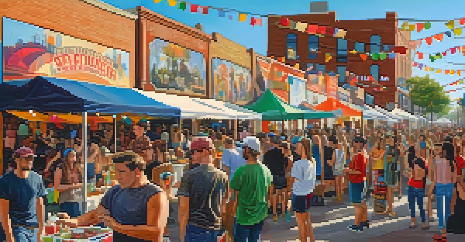A bustling street festival with artists, performers, and colorful art displays, capturing the essence of community celebration.