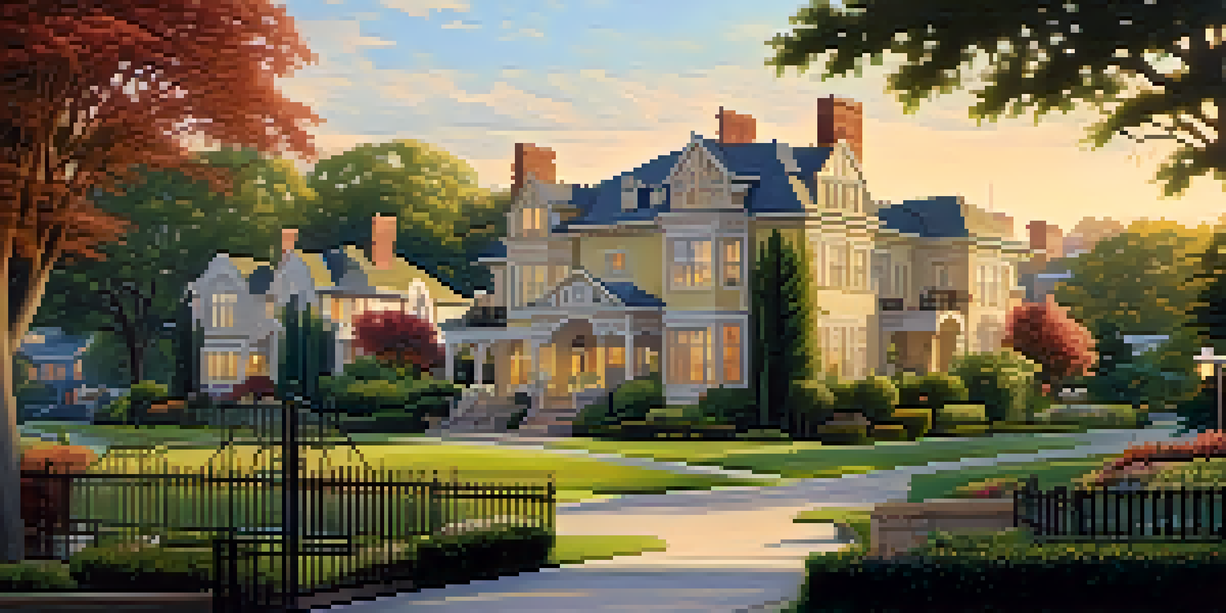 A scenic view of Highland Park with tree-lined streets and elegant mansions illuminated by sunset light.