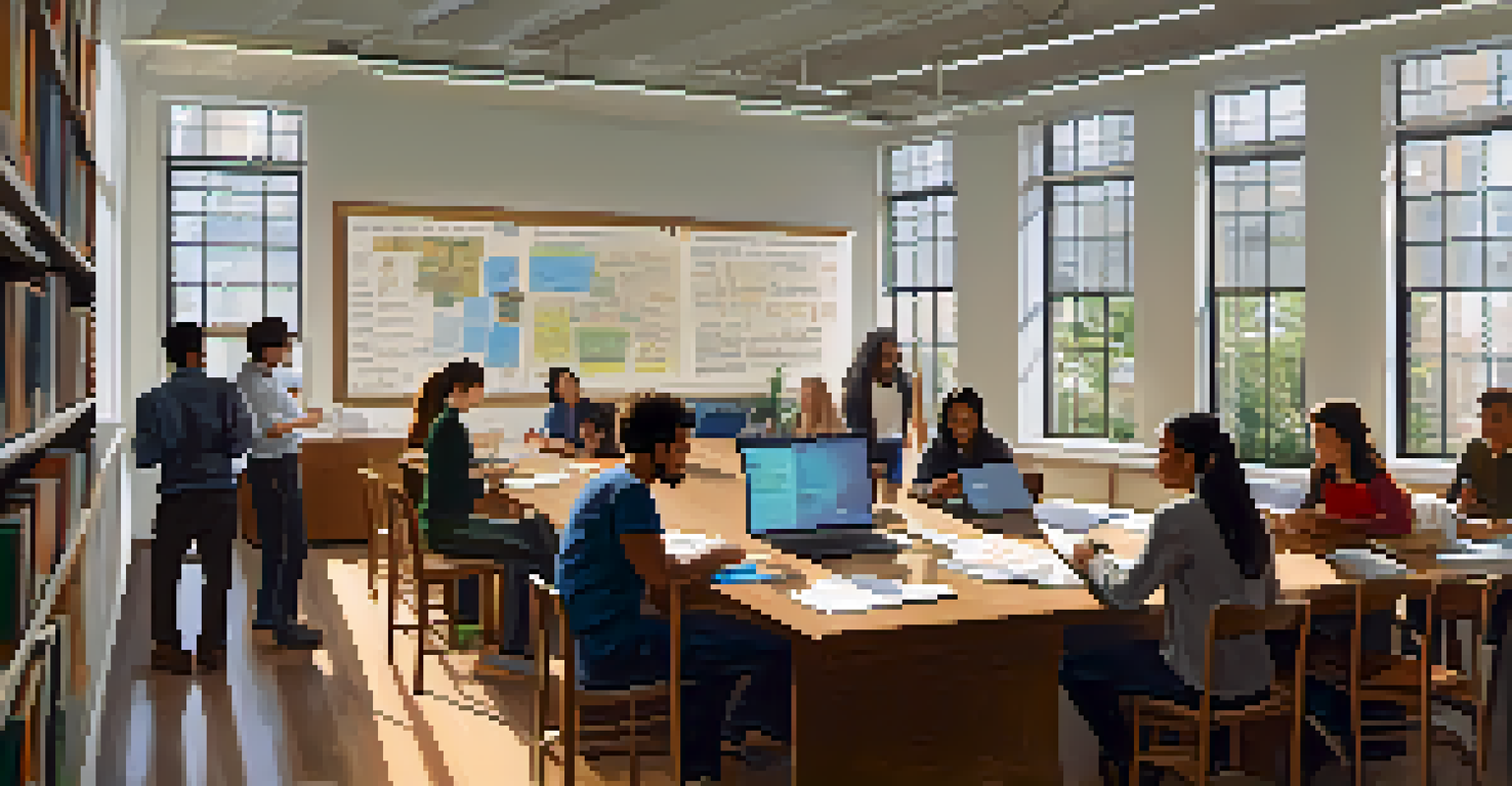 A diverse group of graduate students working together at a table with books and laptops in a well-lit room.