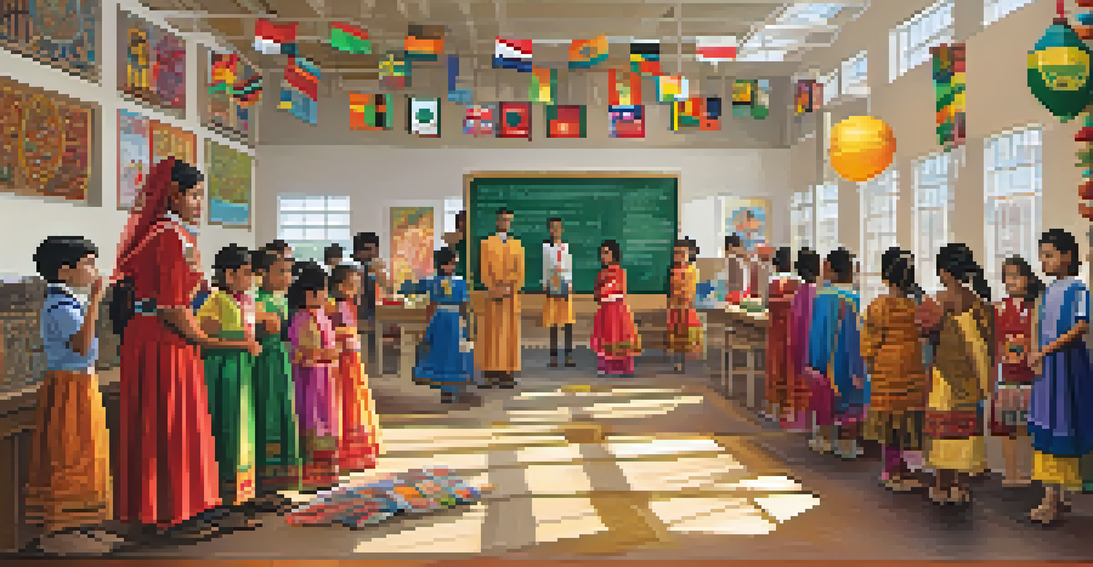 Students at a cultural fair in a Dallas school, showcasing their heritage with displays of food, clothing, and art.