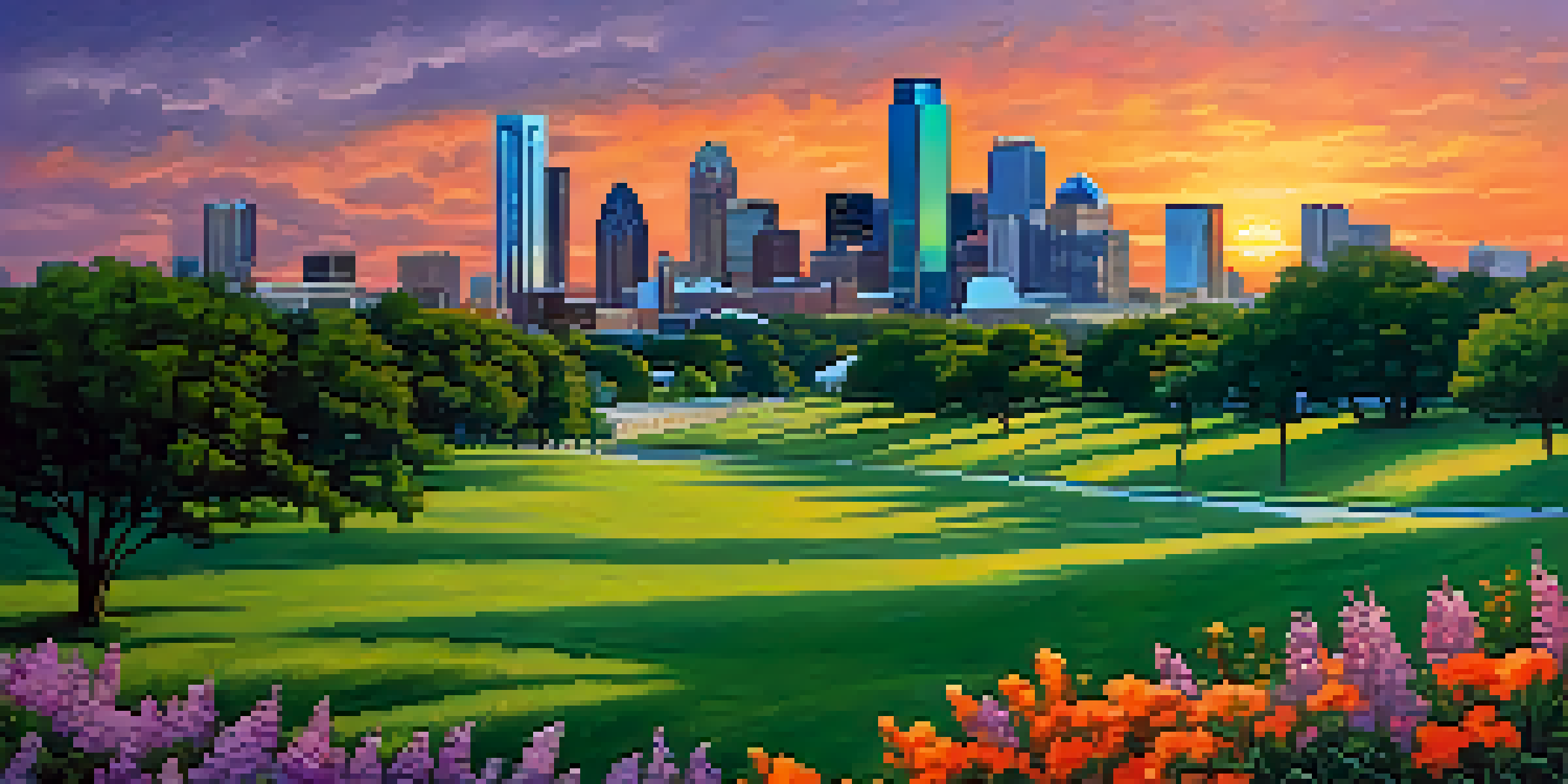 A sunset view of the Dallas skyline with colorful sky and a park in the foreground with flowers and people walking.