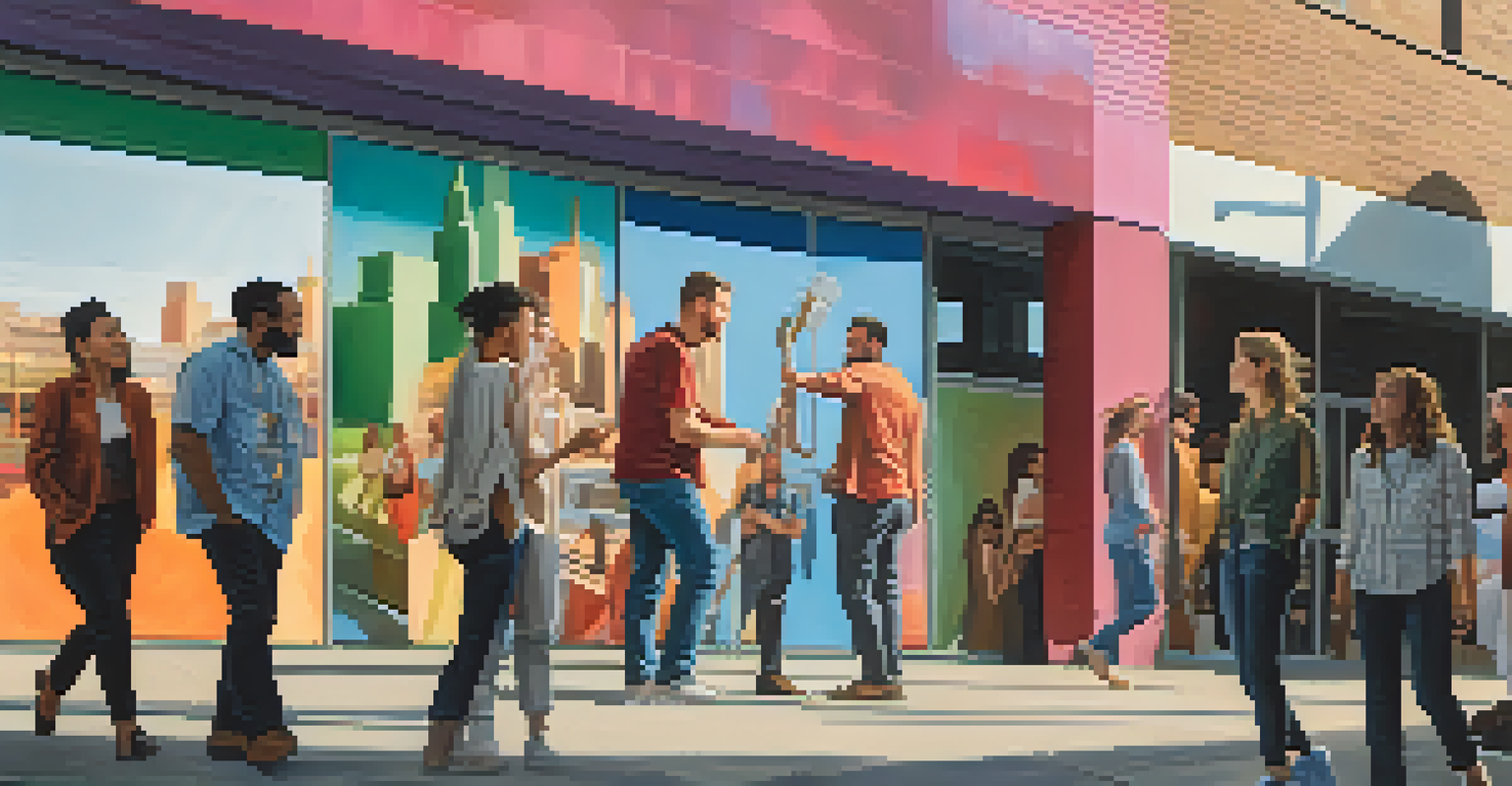A lively street scene in Dallas with filmmakers discussing amidst modern architecture and a colorful mural.