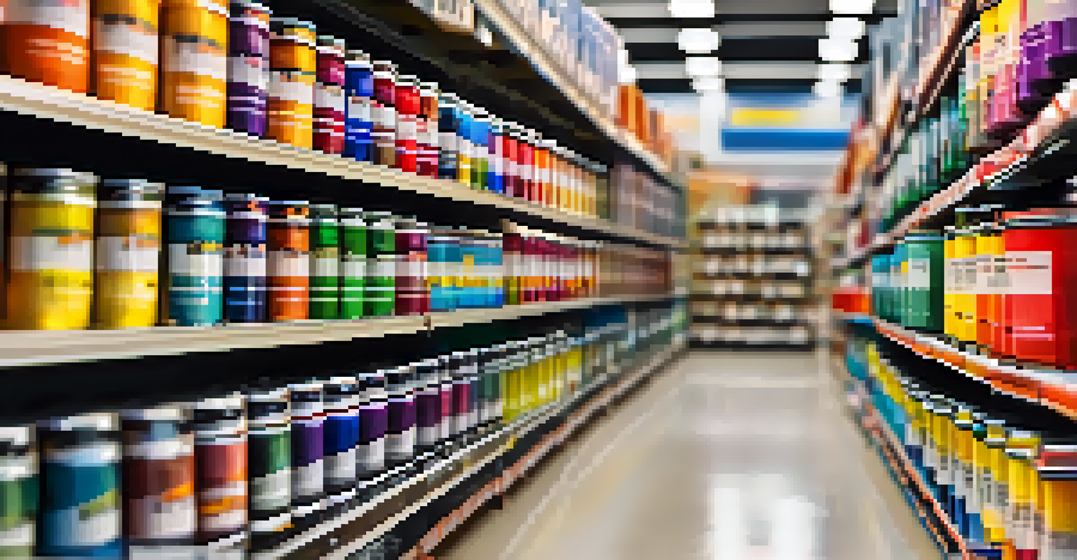 A well-lit home improvement store aisle with colorful paint cans and a staff member helping a customer.