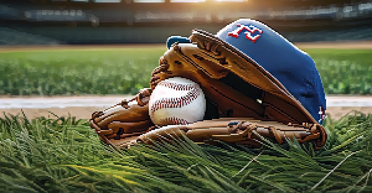 A close-up of a worn baseball glove and a baseball on the grass, with a Texas Rangers cap beside them under the sunlight.