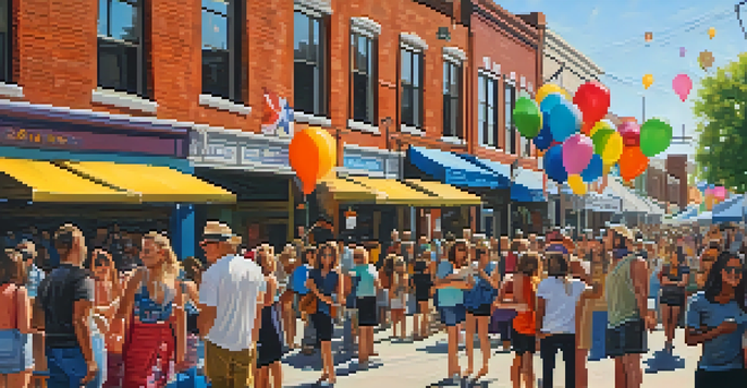 A busy street filled with people enjoying the Deep Ellum Arts Festival, with artists displaying their colorful artwork and live music performances happening in the background.
