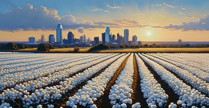 A scenic sunset view of cotton fields in Dallas with fluffy white cotton bolls and the Dallas skyline in the background.