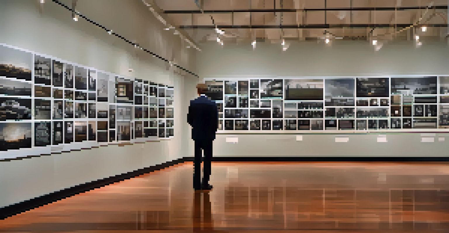 Interior view of the Sixth Floor Museum showcasing photographs and artifacts related to President John F. Kennedy.
