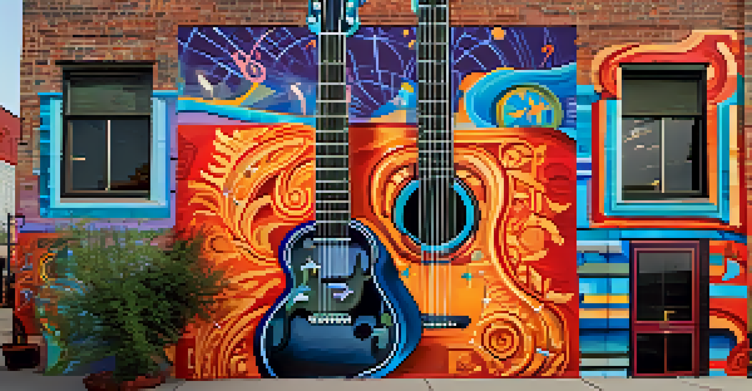 A detailed close-up of a colorful mural in the Deep Ellum district, featuring musical elements.