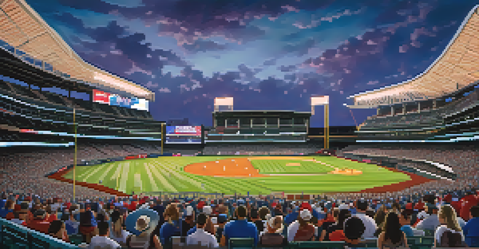 An aerial view of Globe Life Field packed with fans during a Texas Rangers game at night, illuminated by bright stadium lights.