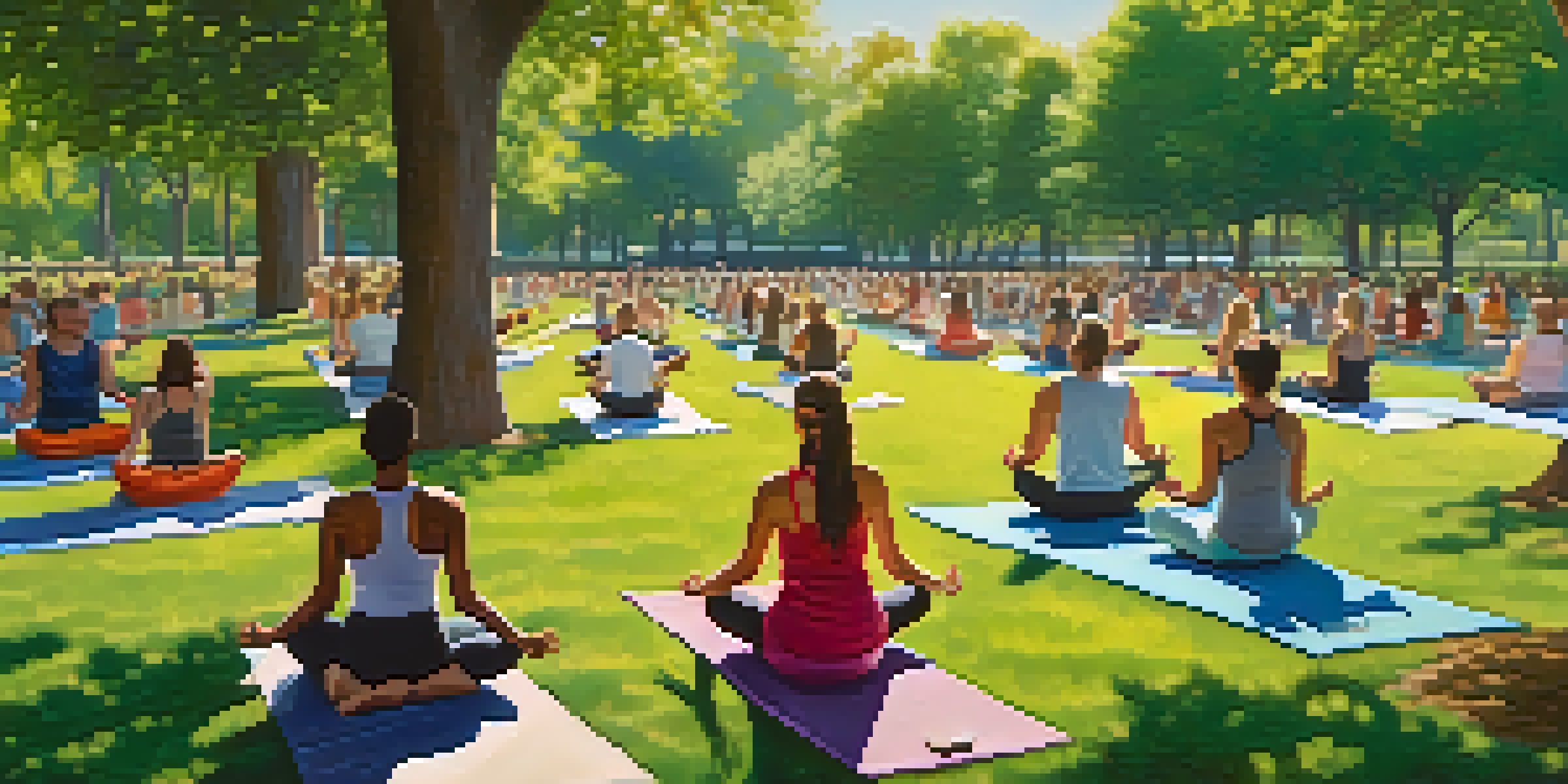 A diverse group of people practicing yoga outdoors in a Dallas park, surrounded by greenery and sunlight.
