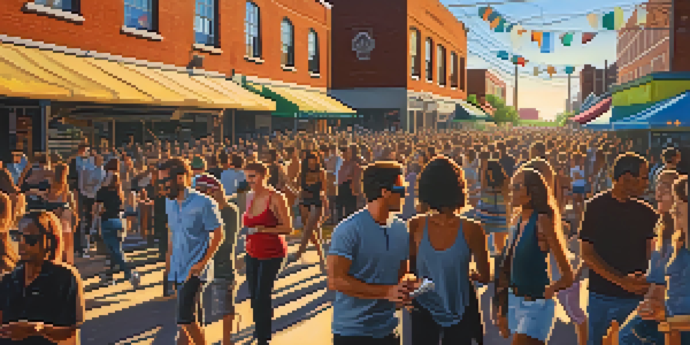 A lively music festival in Deep Ellum, Dallas, showcasing street art, excited attendees, and musicians performing on stage at sunset.