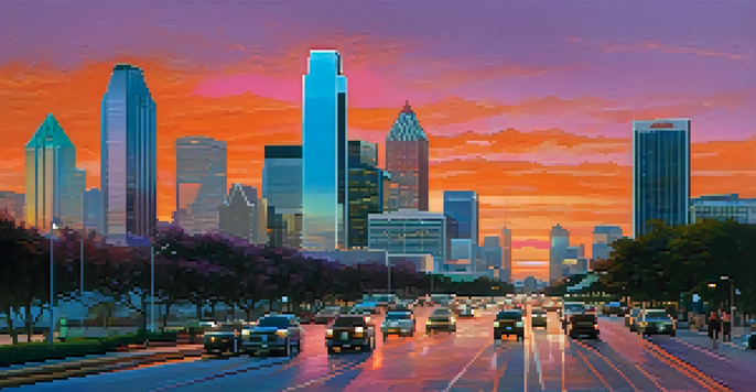 A colorful sunset over the Dallas skyline with modern skyscrapers and a busy street filled with people and cars.