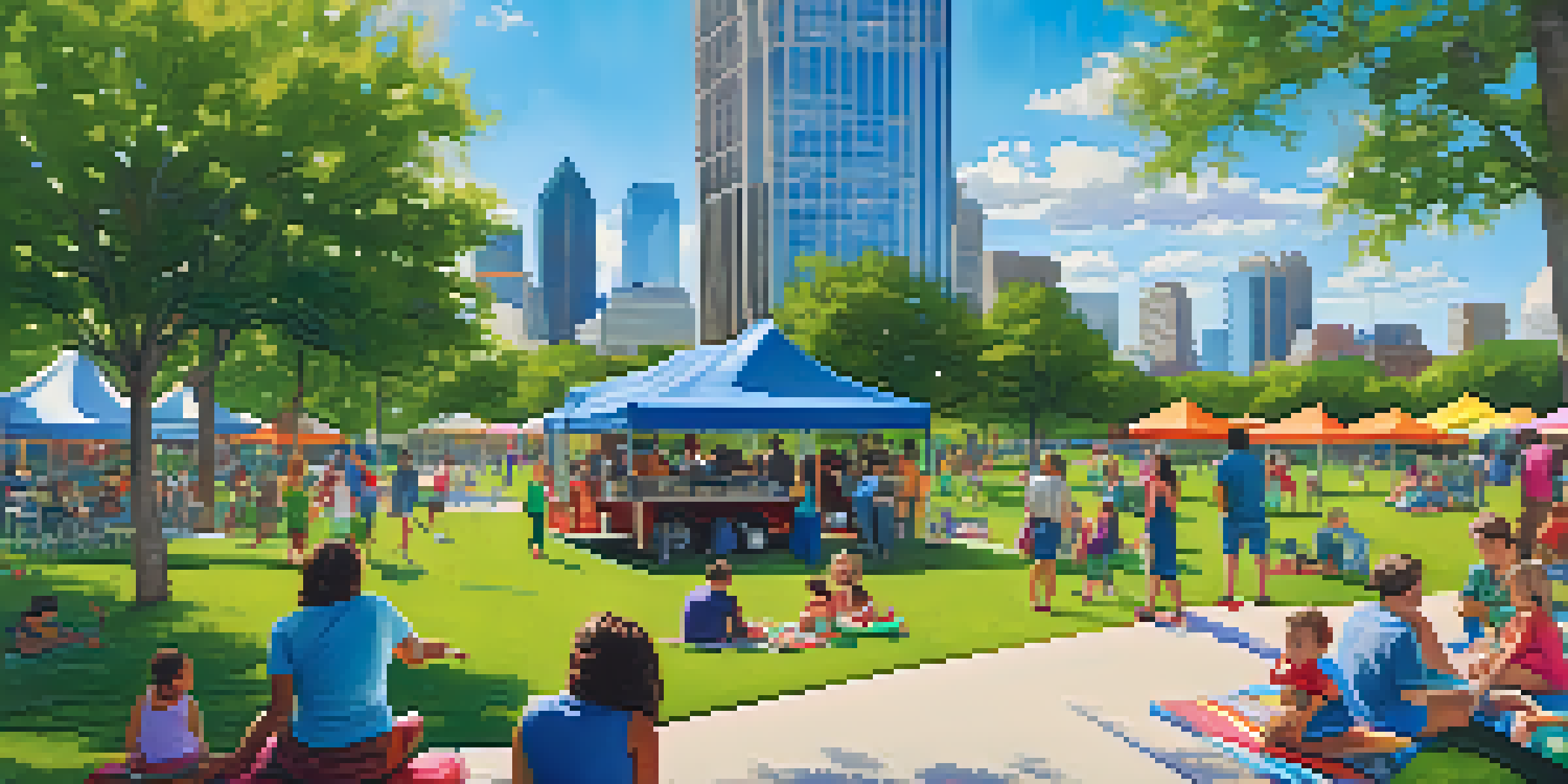 Families enjoying Klyde Warren Park with children playing, food trucks, and art installations under a sunny sky.