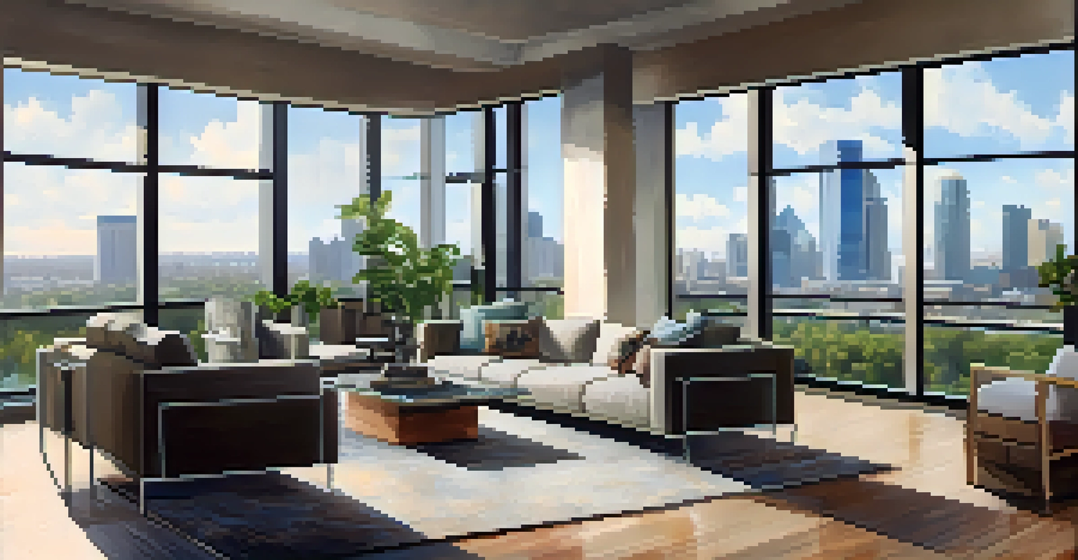 An interior view of a modern Dallas apartment with stylish furnishings and a skyline view through large windows.