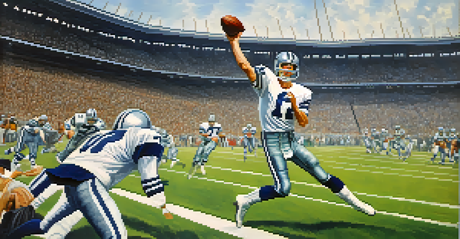 A dynamic action shot of Roger Staubach throwing a pass during a Dallas Cowboys game in the 1970s, with cheering fans in the background.