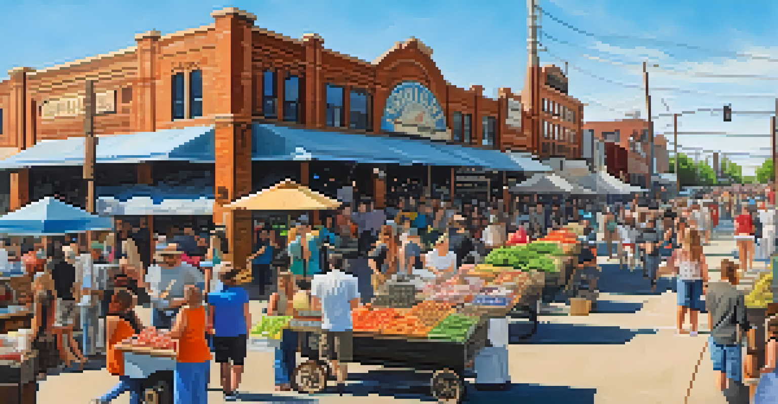 The Deep Ellum Market with local produce and crafts, featuring artists and families enjoying a vibrant atmosphere.