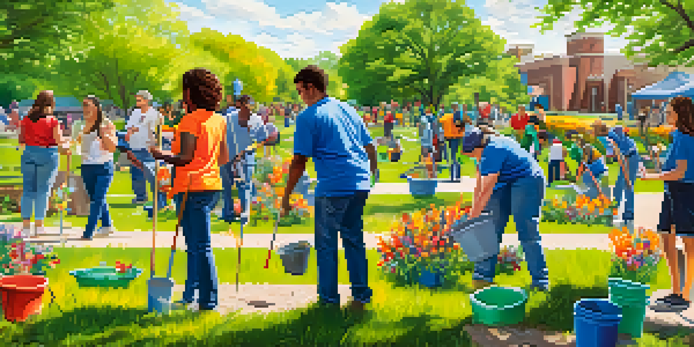 A lively community event in a park with volunteers of different ages planting trees and cleaning up, surrounded by colorful flowers and bright sunlight.