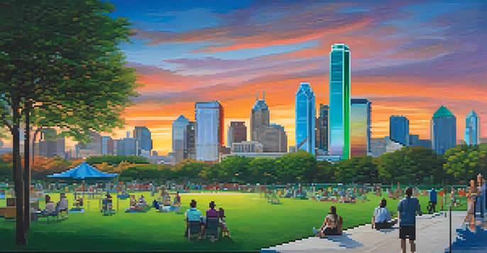 A sunset view of the Dallas skyline with modern skyscrapers and a green park in the foreground.