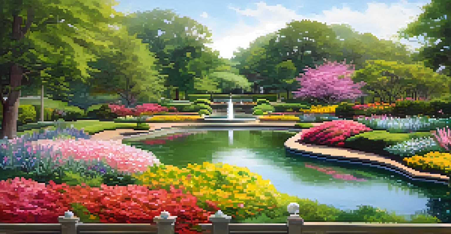 A tranquil scene in the Dallas Arboretum with blooming flowers, walking paths, and people enjoying the garden.