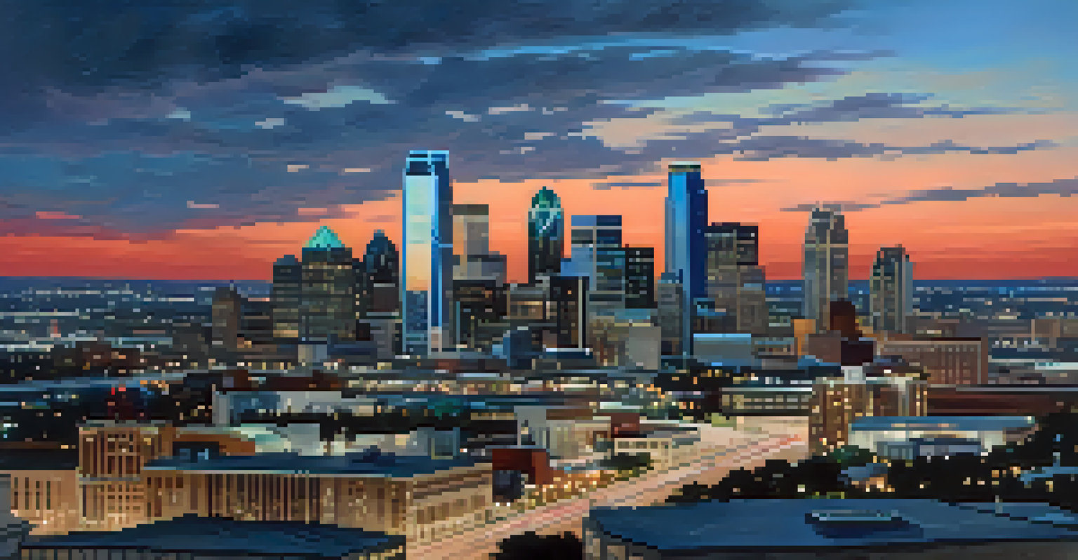 An aerial view of downtown Dallas at dusk, featuring illuminated skyscrapers and the iconic skyline.
