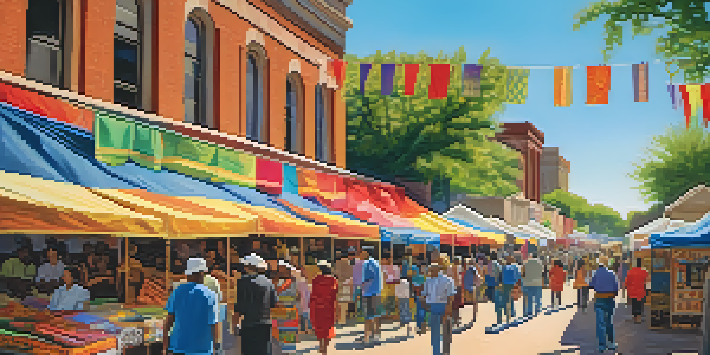 A busy Dallas street filled with colorful stalls and people celebrating a cultural festival, showcasing diverse art and crafts under warm sunlight.