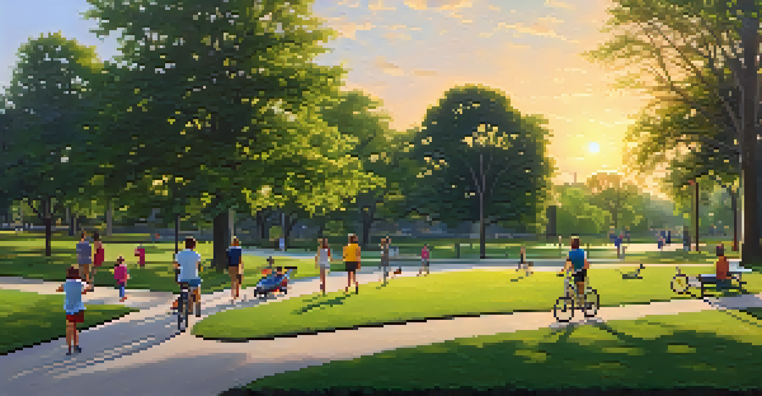 A peaceful Dallas park with families engaged in outdoor activities, including children playing and adults jogging, under a warm sunset.