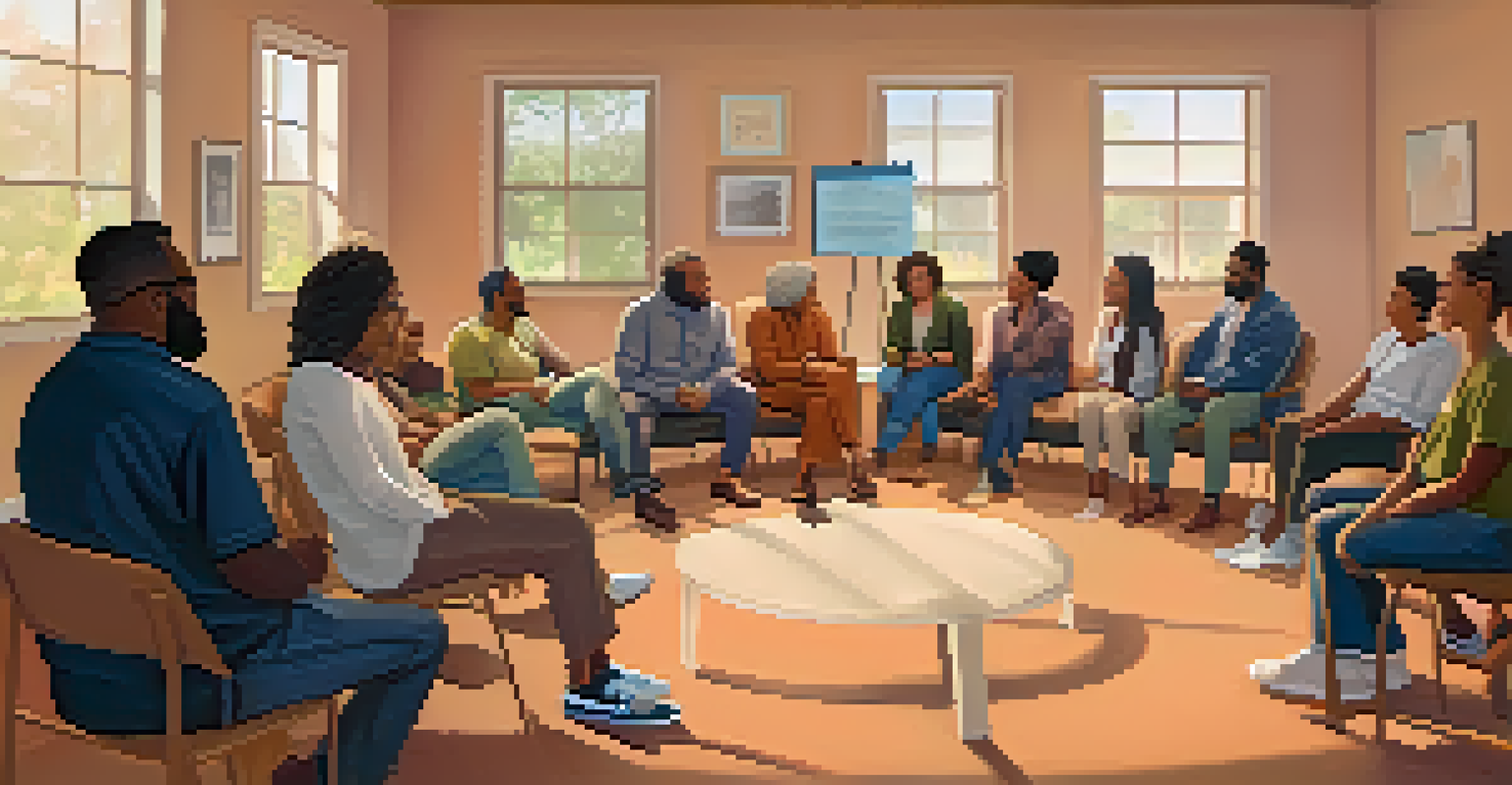 Diverse group of people in a circle at a community support group meeting, sharing experiences and building connections.