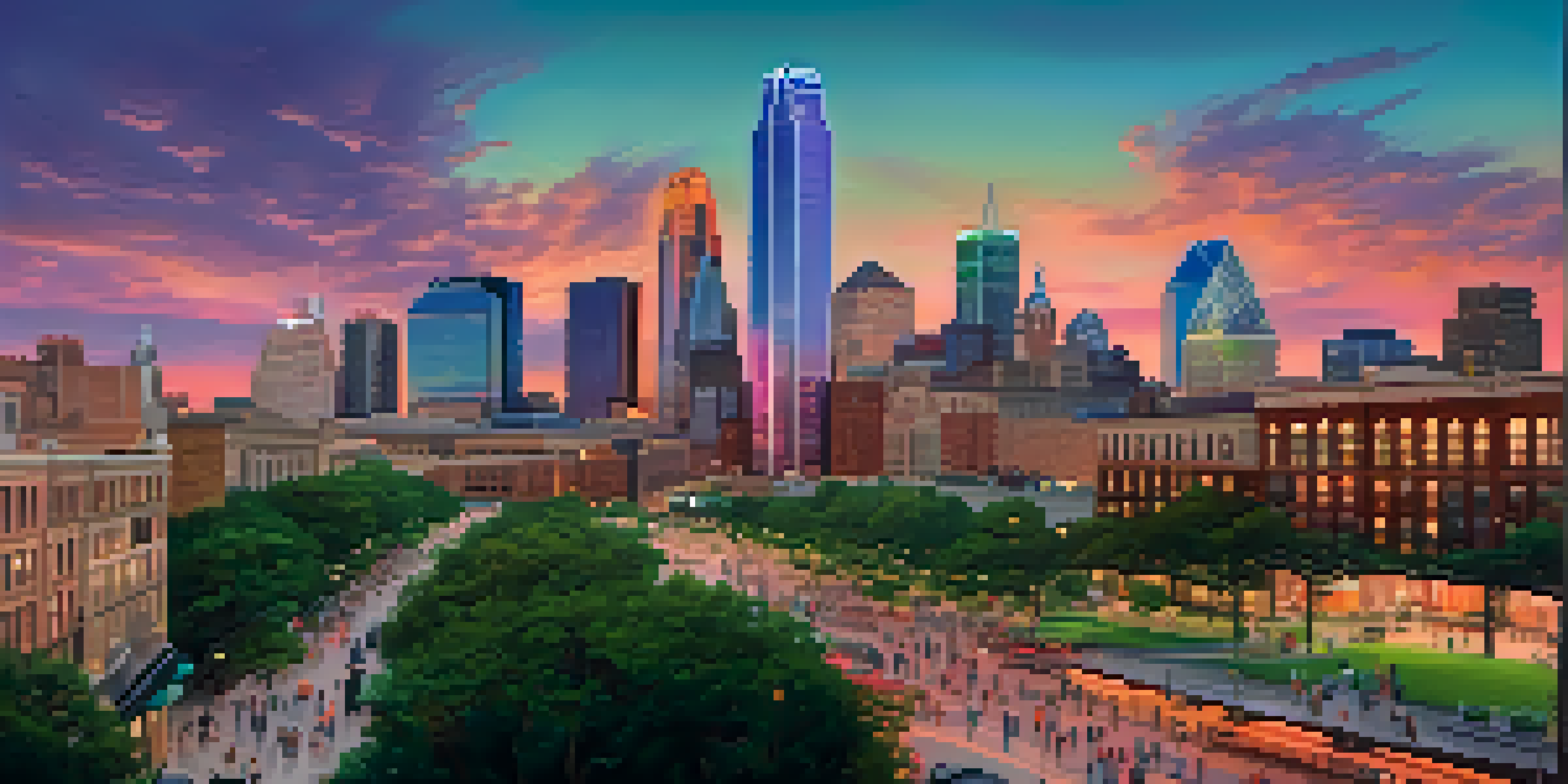 A vibrant sunset over the Dallas skyline featuring modern skyscrapers and historic buildings, with people in the foreground enjoying a park.