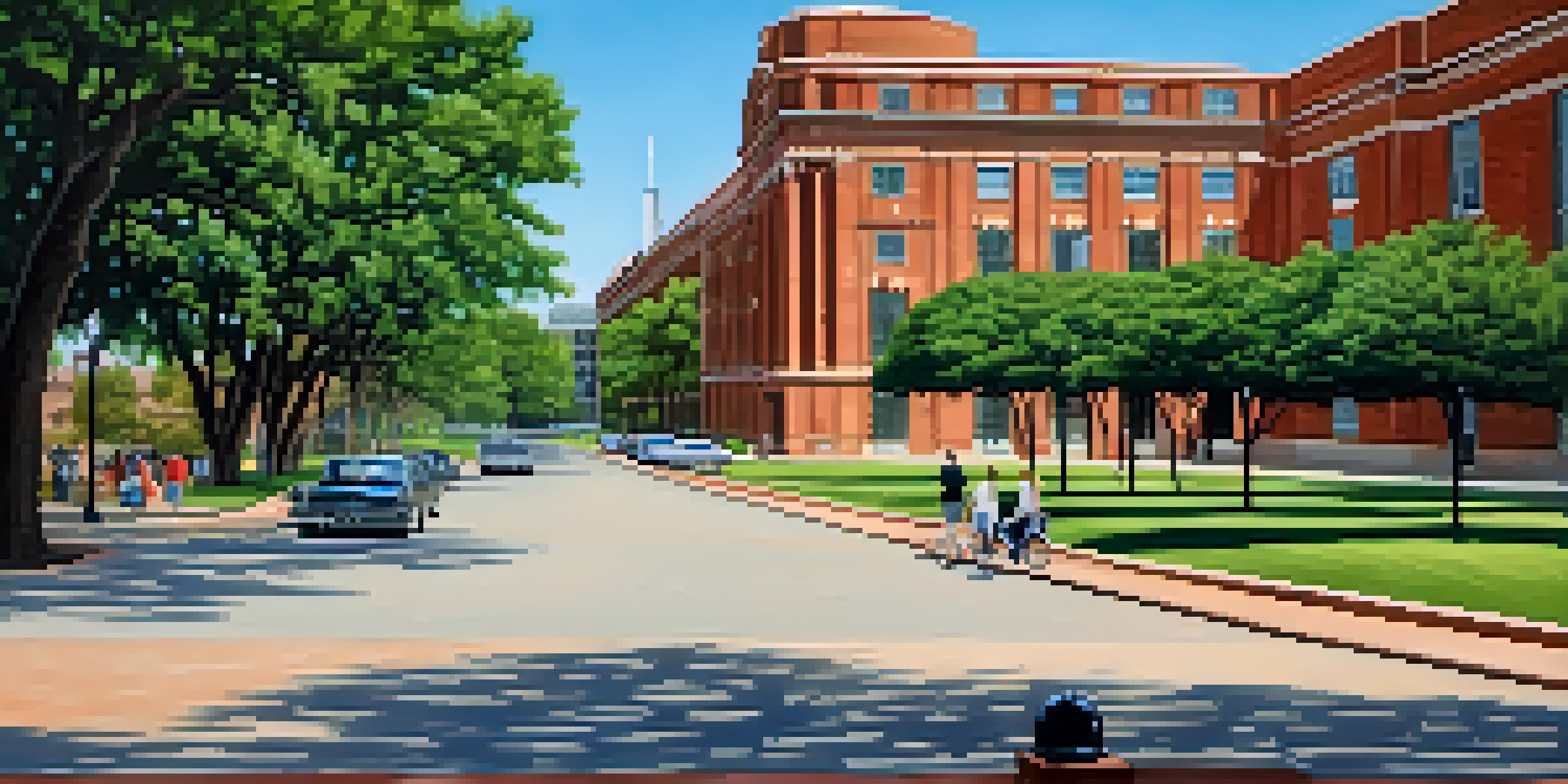 A view of Dealey Plaza with visitors walking, the Sixth Floor Museum in the background, and greenery around.