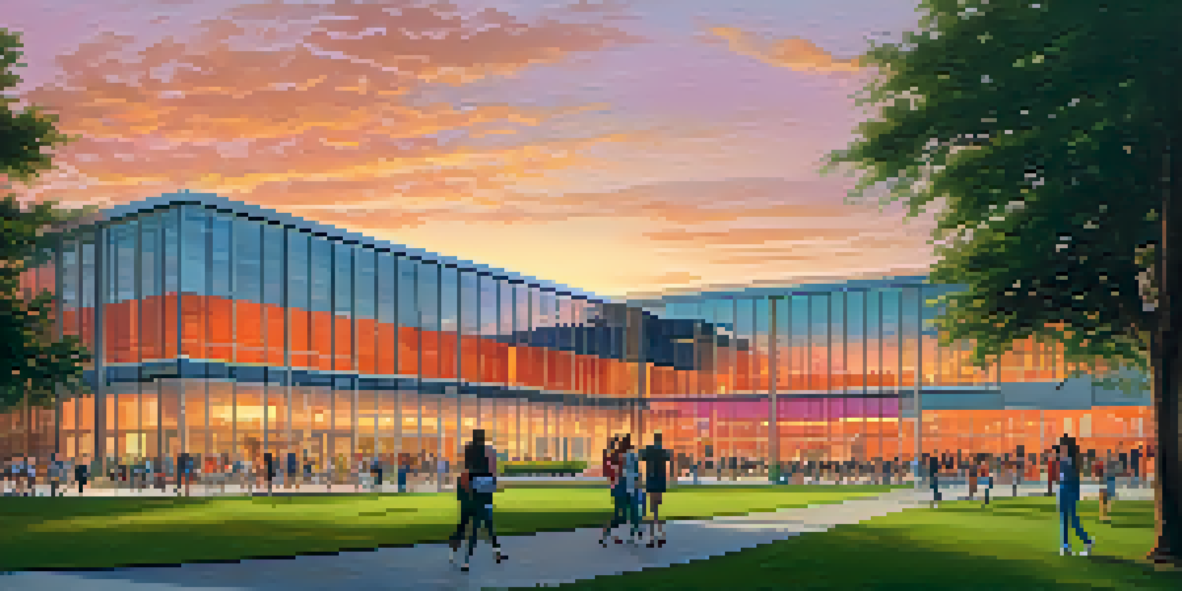 A sunset view of the University of Texas at Dallas campus featuring modern buildings and students interacting.