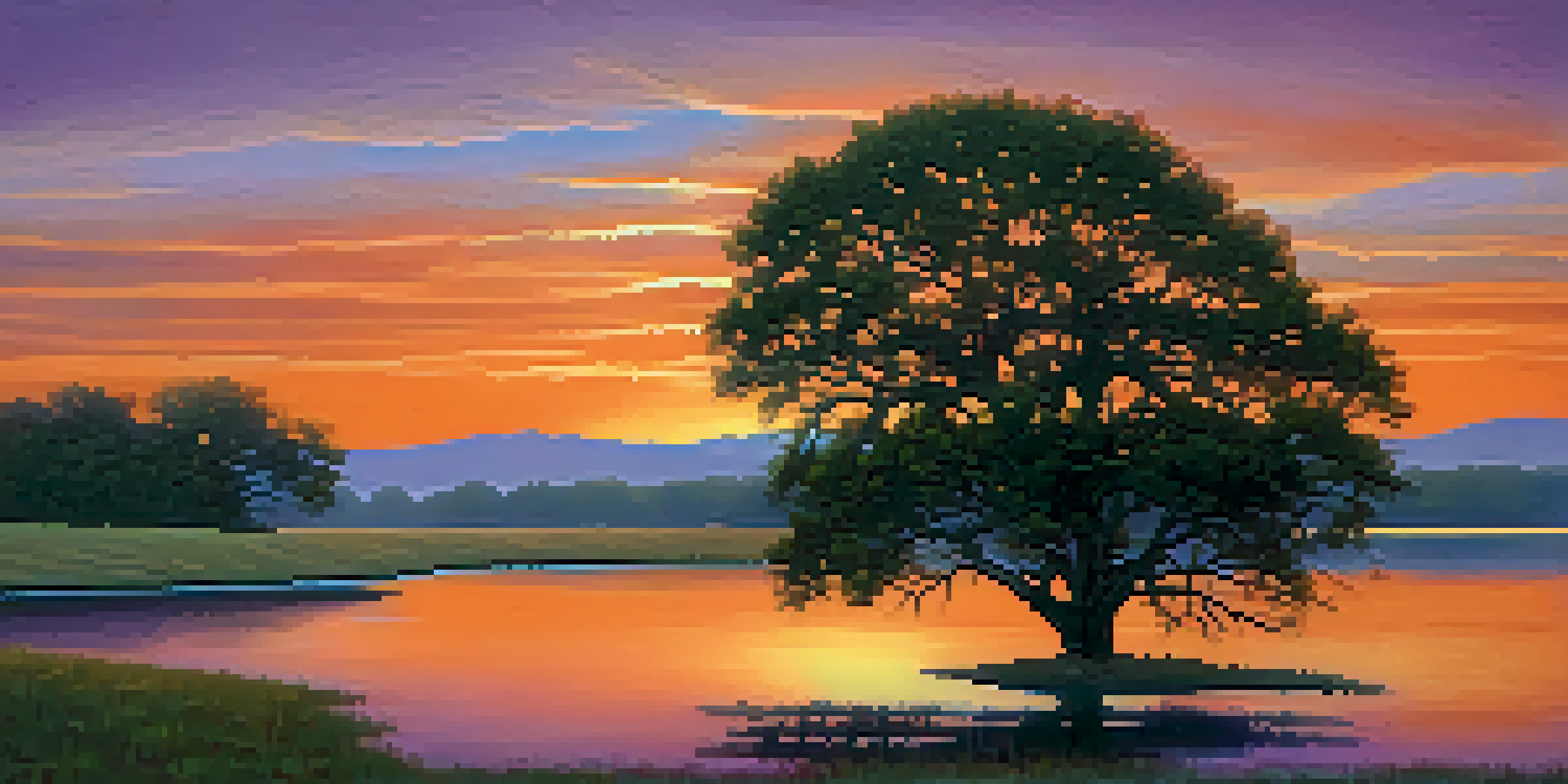 A tranquil Texas landscape at sunset with rolling hills, a lone oak tree, and a lake reflecting the vibrant colors of the sky.