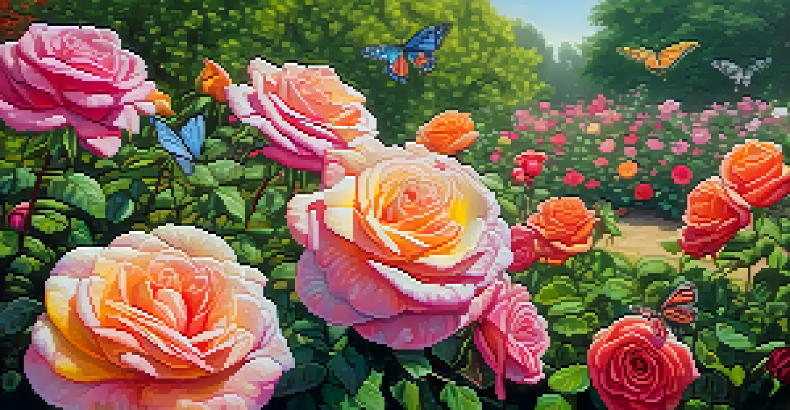 A close-up view of a vibrant rose garden in Dallas with bees and butterflies among the flowers.