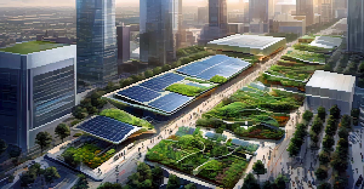 A futuristic Dallas cityscape with sustainable technology, featuring buildings with solar panels, people using digital devices, and electric vehicles on the streets.